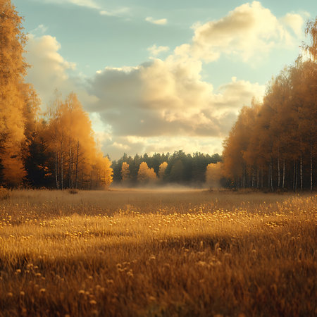 A stunning autumn landscape featuring golden foliage, soft clouds, and a peaceful field. The serene atmosphere captures the beauty of nature during fall.の素材