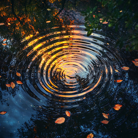 A serene scene featuring gentle ripples on water, reflecting vibrant autumn colors. Fallen leaves add a touch of natureの素材