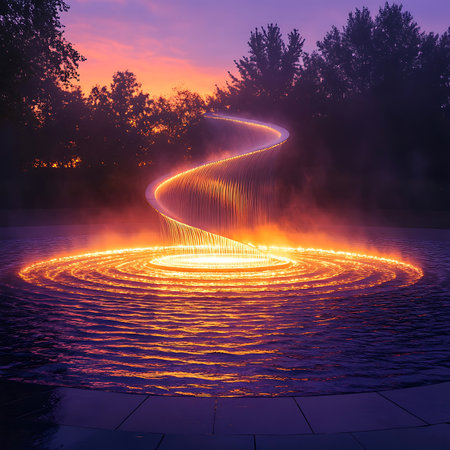 A mesmerizing twilight scene featuring a cascading waterfall enveloped in golden hues, creating a serene and tranquil atmosphere perfect for nature lovers.の素材