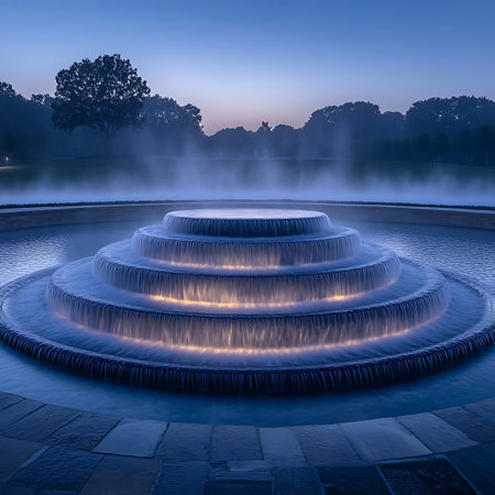 A stunning water fountain glows elegantly at dusk, surrounded by lush greenery. This serene outdoor scene captures the beauty of light and water, creating a tranquil atmosphere perfect for relaxation.の素材