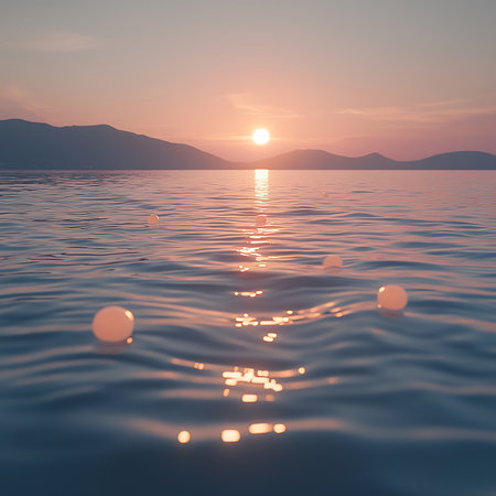 A peaceful sunset scene over calm waters, featuring floating objects. This tranquil atmosphere captures the beauty of nature at dusk, perfect for relaxation.の素材