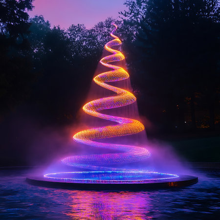 A stunning light display featuring a colorful spiral design in an outdoor park setting. The vibrant colors and reflections create a magical atmosphere.の素材