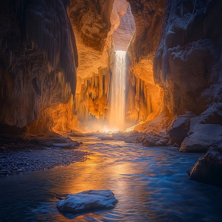 Experience the breathtaking beauty of a waterfall cascading through a dramatic canyon, illuminated by warm sunlight reflecting off the tranquil waters below.の素材