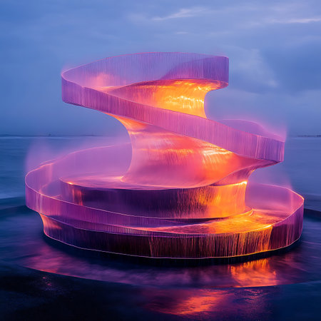 A stunning illuminated spiral sculpture glows at dusk, creating a mesmerizing visual with its vibrant colors and tranquil atmosphere, perfect for artistic inspiration.の素材