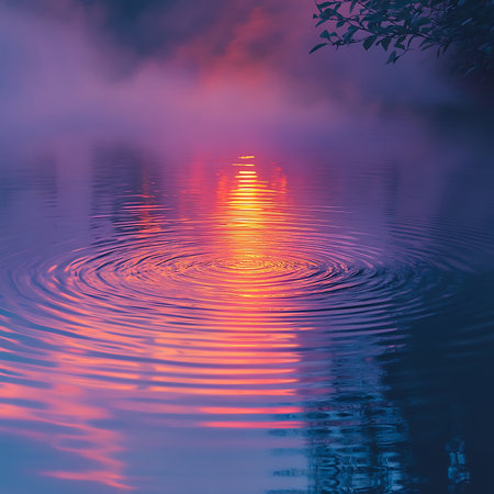 Golden hues of sunset reflect on a tranquil water surface, creating a serene atmosphere. Ripples distort the calmness, enhancing the natural beauty.の素材