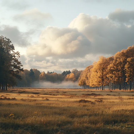 A tranquil autumn landscape featuring golden trees and soft clouds above a serene meadow. Ideal for projects seeking to convey peace and natural beauty.の素材