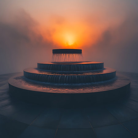 Experience the peaceful ambiance of a waterfall illuminated by a warm sunset, creating a serene moment in a misty environment, perfect for relaxation.の素材