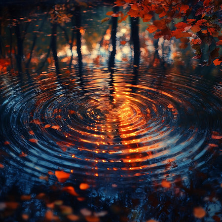 Capture the essence of autumn as vibrant leaves reflect on tranquil water, creating mesmerizing ripples and a serene atmosphere, perfect for nature lovers.の素材