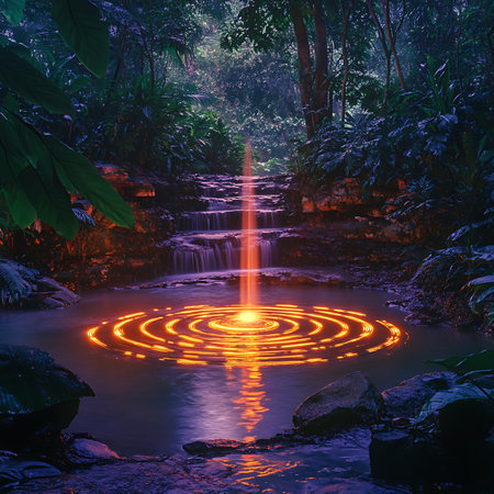 A tranquil waterfall surrounded by lush foliage creates an enchanting scene. The illuminated circular patterns on the water add a mystical glow, enhancing the natural beauty.の素材