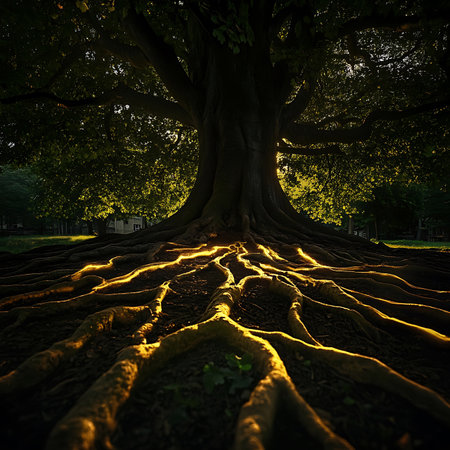 A stunning view of a majestic tree with vibrant roots illuminated by the warm glow of sunset, creating a serene and tranquil atmosphere in nature.の素材