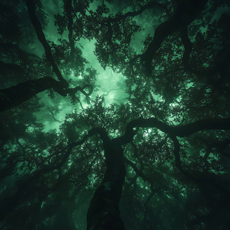 Experience the serene beauty of a mystical forest canopy, where light filters through lush foliage, creating a tranquil atmosphere. Ideal for nature enthusiasts.の素材