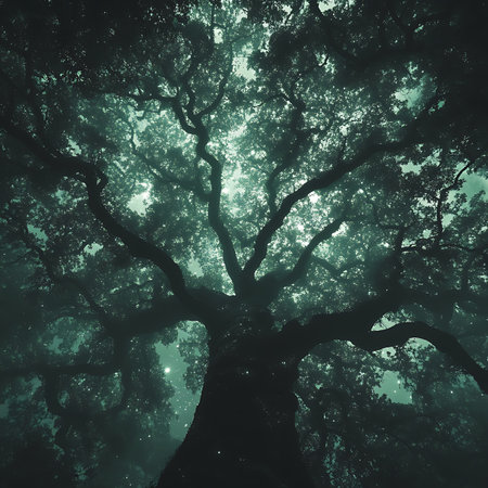 A captivating silhouette of a majestic tree rising into a mystical fog, creating a serene and ethereal atmosphere in a tranquil forest setting.の素材