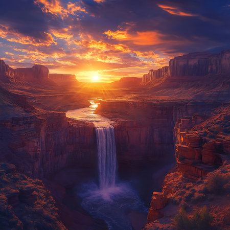 Witness a stunning sunset illuminating a majestic canyon waterfall. This tranquil scene captures nature's beauty, showcasing vibrant colors and breathtaking landscapes.の素材