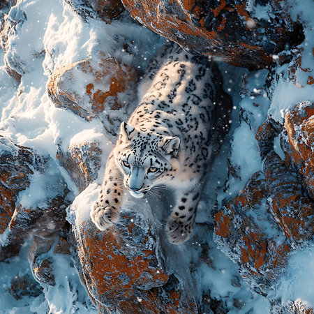 A snow leopard gracefully navigates rocky terrain coated in snow, showcasing its beautiful fur and agility in a serene winter landscape.の素材