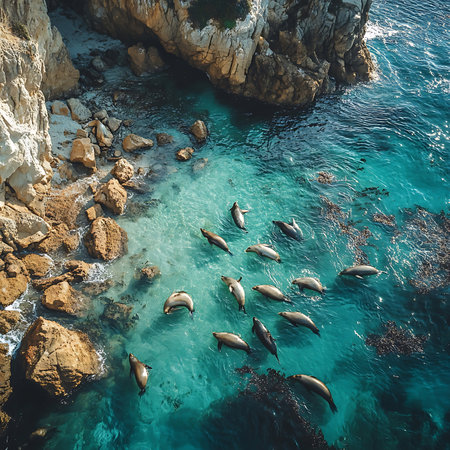Aerial view of playful seals swimming in crystal clear waters near a rocky shoreline, showcasing the beauty of marine life and coastal ecosystems.の素材