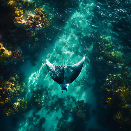 A stunning manta ray gracefully swims above a vibrant coral reef, showcasing a mesmerizing underwater scene filled with lively colors and aquatic life.の素材