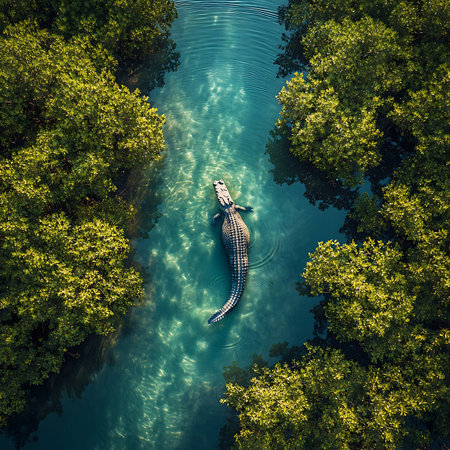 A stunning aerial view captures a crocodile gliding through clear waters surrounded by lush greenery. Emphasizes the beauty of wildlife in its natural habitat.の素材