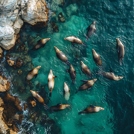 Aerial view of seals swimming near rocky outcroppings in clear blue water. This image captures the playful behavior of these marine mammals in their natural habitat.の素材