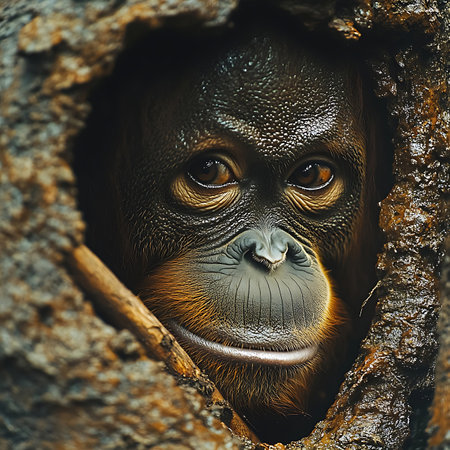 This captivating close-up features an orangutan peering through a tree opening, showcasing its expressive eyes and serene demeanor in a natural habitat.の素材