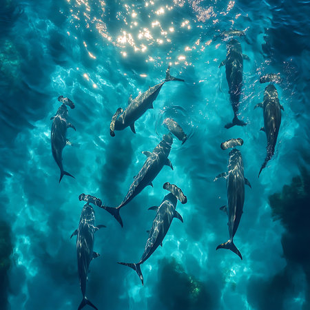 A captivating view of dolphins swimming gracefully beneath the surface, showcasing their playful nature and beauty in the serene ocean environment.の素材