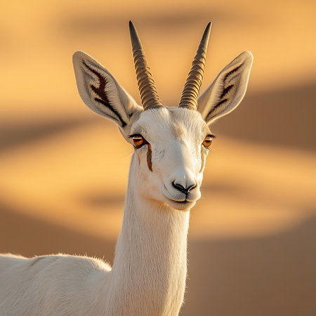 A striking close-up portrait of a gazelle in a desert environment, showcasing its elegant features, serene expression, and natural beauty under soft light.の素材
