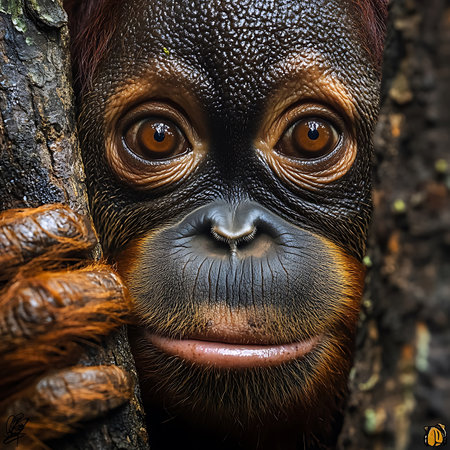 A stunning close-up portrait of an orangutan, showcasing its expressive eyes and curious demeanor. This image captures the beauty of wildlife and the importance of conservation.の素材