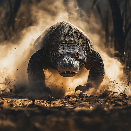 A dramatic scene capturing a powerful animal in motion across a dusty terrain. The image showcases the creature's fierce demeanor and raw energy, embodying the spirit of wildlife.の素材