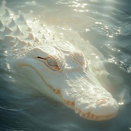 A striking white alligator glides through calm waters, showcasing its unique features. Captured in a serene environment, this image highlights the beauty and rarity of this exotic reptile in nature.の素材