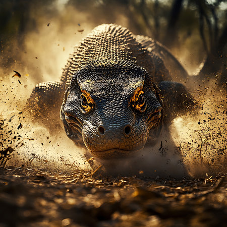 A striking close-up of a fierce reptile charging through a dusty landscape, showcasing its powerful form and intense gaze in the wild.の素材