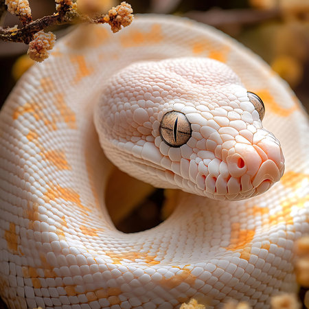 A close-up image showcasing the intricate pattern and vibrant colors of a beautiful snake. Its unique texture and detail highlight its serene presence in nature.の素材