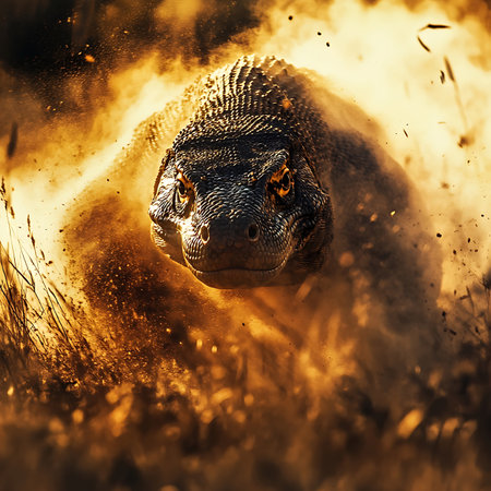 A striking close-up of a fierce lizard emerging from a dusty landscape, showcasing intricate scales and a powerful gaze. Perfect for nature and wildlife themes.の素材