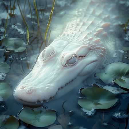 A striking white alligator rests gently in calm waters, surrounded by lily pads. The scene captures the serene beauty of this rare aquatic reptile.の素材