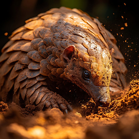A detailed close-up of a pangolin in its natural habitat, showcasing its unique scales and earthy tones as it forages through the soil, highlighting wildlife diversity.の素材