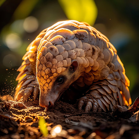 A detailed close-up of a pangolin in its natural habitat, showcasing its unique scales and behavior. This endangered mammal highlights the importance of wildlife conservation.の素材