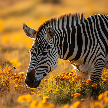 A striking zebra grazes in a sunlit meadow filled with vibrant flowers, showcasing its unique stripes against a backdrop of golden hues at sunset.の素材