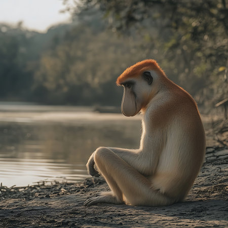 A serene primate sits thoughtfully by the river's edge, reflecting the peaceful coexistence with its natural habitat in a tranquil setting.の素材