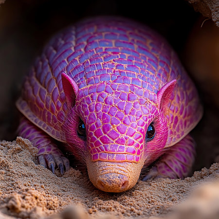 Discover a vibrant and unique armadillo with a colorful pink hue, nestled in its natural sandy habitat. This close-up captures the intricate texture and detail of this fascinating creature.の素材