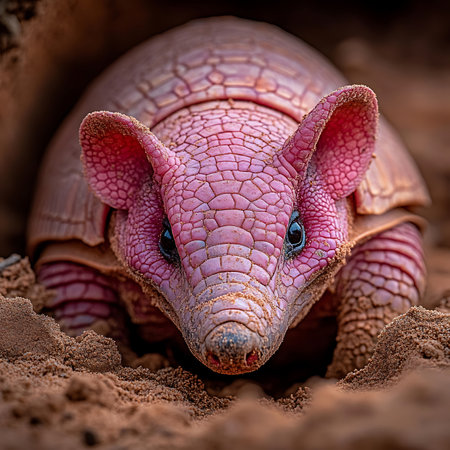 A captivating close-up of a pink armadillo in its natural desert habitat, showcasing its unique texture and vibrant colors, highlighting its curious nature.の素材