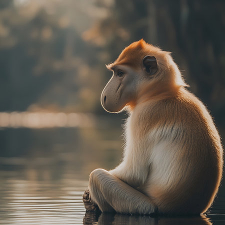 A tranquil monkey sits by the water, reflecting its environment. This serene portrait showcases the beauty of wildlife in a natural habitat.の素材