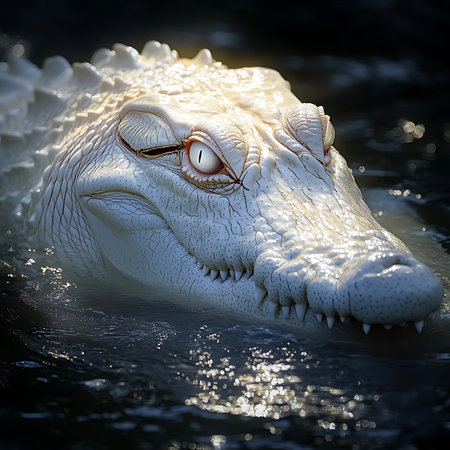 A striking close-up of a white alligator, showcasing its unique features and calm demeanor in serene waters. This wildlife image captures the beauty of nature.の素材