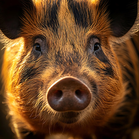 This close-up photo captures the charming expression of a domestic pig, highlighting its unique features and delightful personality in a vibrant outdoor setting.の素材