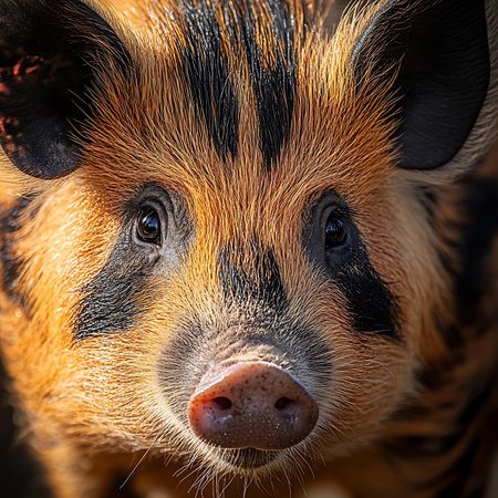 This close-up image captures the charming face of a wild boar, showcasing its expressive eyes and distinctive fur patterns. Ideal for wildlife enthusiasts.の素材