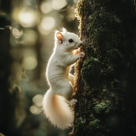 A white squirrel gracefully climbs a tree in a serene forest, showcasing its curious nature and unique beauty in a tranquil woodland setting.の素材