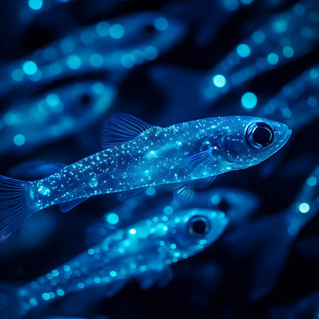 Explore a mesmerizing scene of glowing fish swimming in deep blue water, showcasing the beauty and tranquility of underwater life with vibrant colors and sparkling lights.の素材