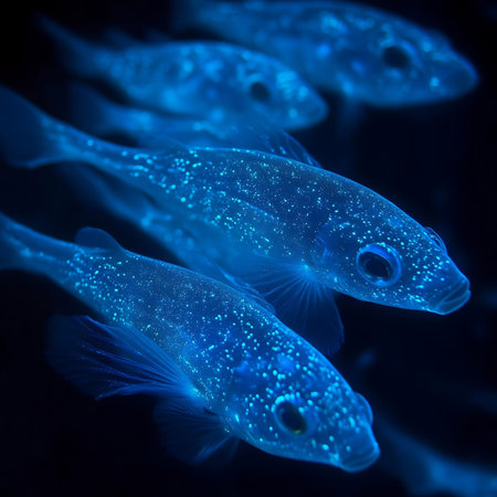 Discover the enchanting beauty of glowing fish in a dark underwater scene, showcasing their vibrant colors and delicate movements in a serene environment.の素材