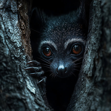 A captivating close-up of a curious animal peering from a dark tree hollow, showcasing its large, expressive eyes and fine fur, blending mystery with nature.の素材
