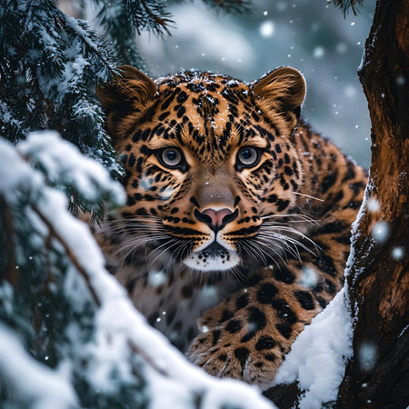 A stunning snowy leopard peers through a frosty forest, showcasing its beautiful fur and piercing eyes. This majestic predator captures the essence of winter wildlife and serenity.の素材