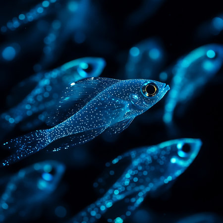 A mesmerizing scene of glowing blue fish swimming gracefully in a dark underwater environment, showcasing the beauty of aquatic life and bioluminescence.の素材