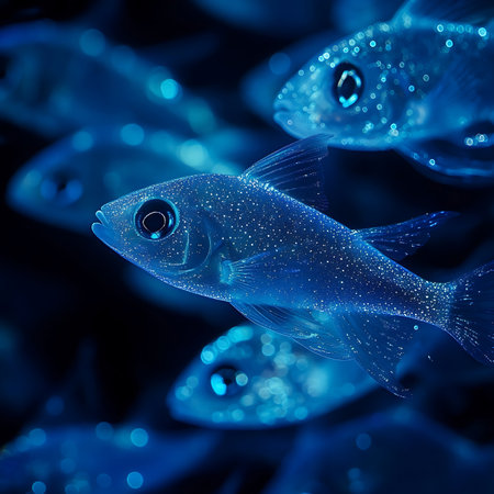 A captivating underwater scene featuring glimmering fish amidst deep blue water. The shimmering scales reflect light, creating a serene aquatic atmosphere.の素材