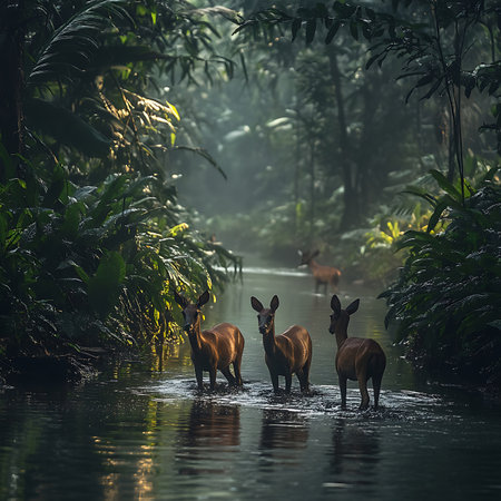 A tranquil scene capturing deer wading through a serene forest river, surrounded by lush greenery and mist. Perfect for nature and wildlife enthusiasts.の素材